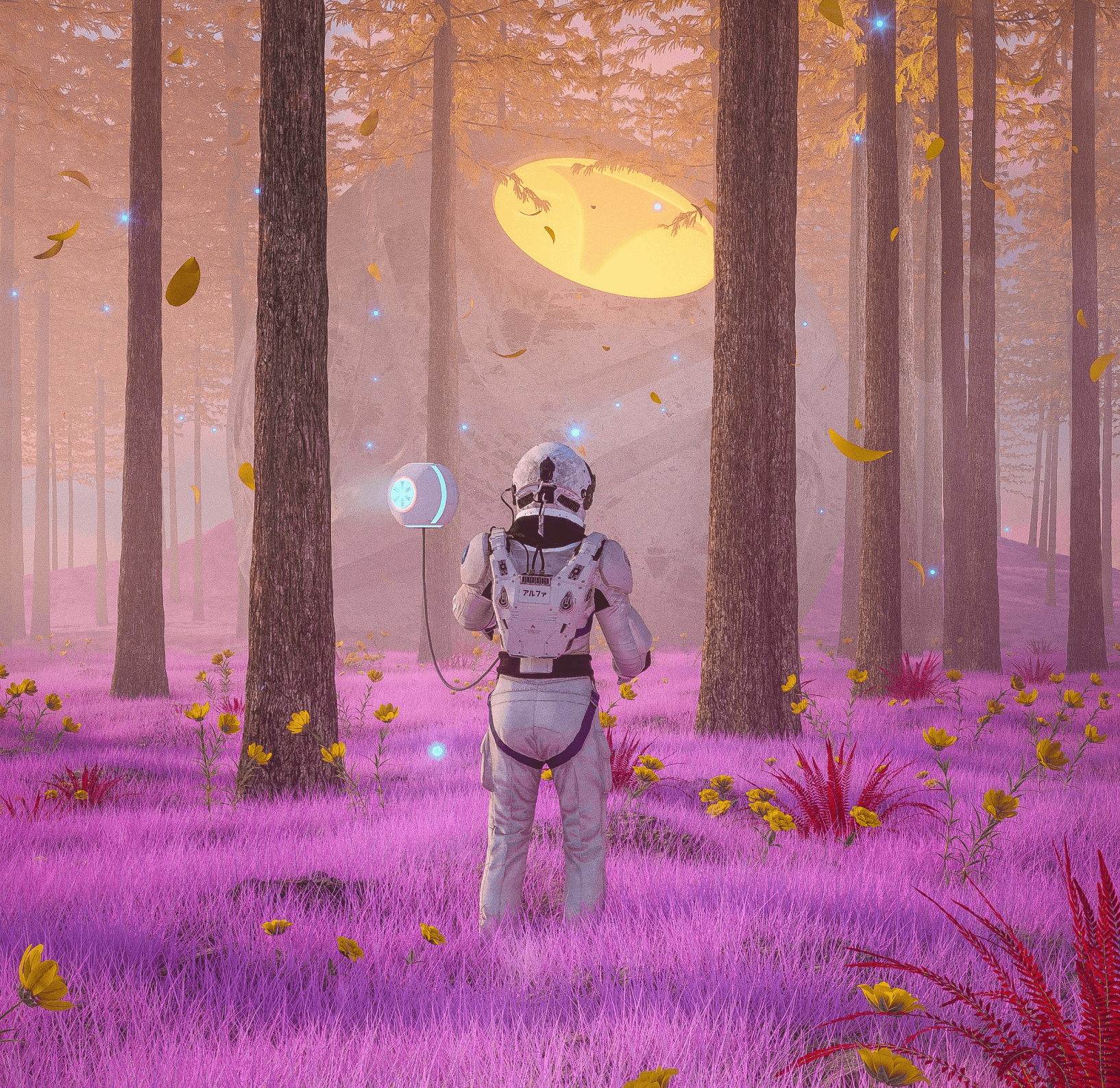 Astronaut exploring another world covered in pink flowers and tree trunks